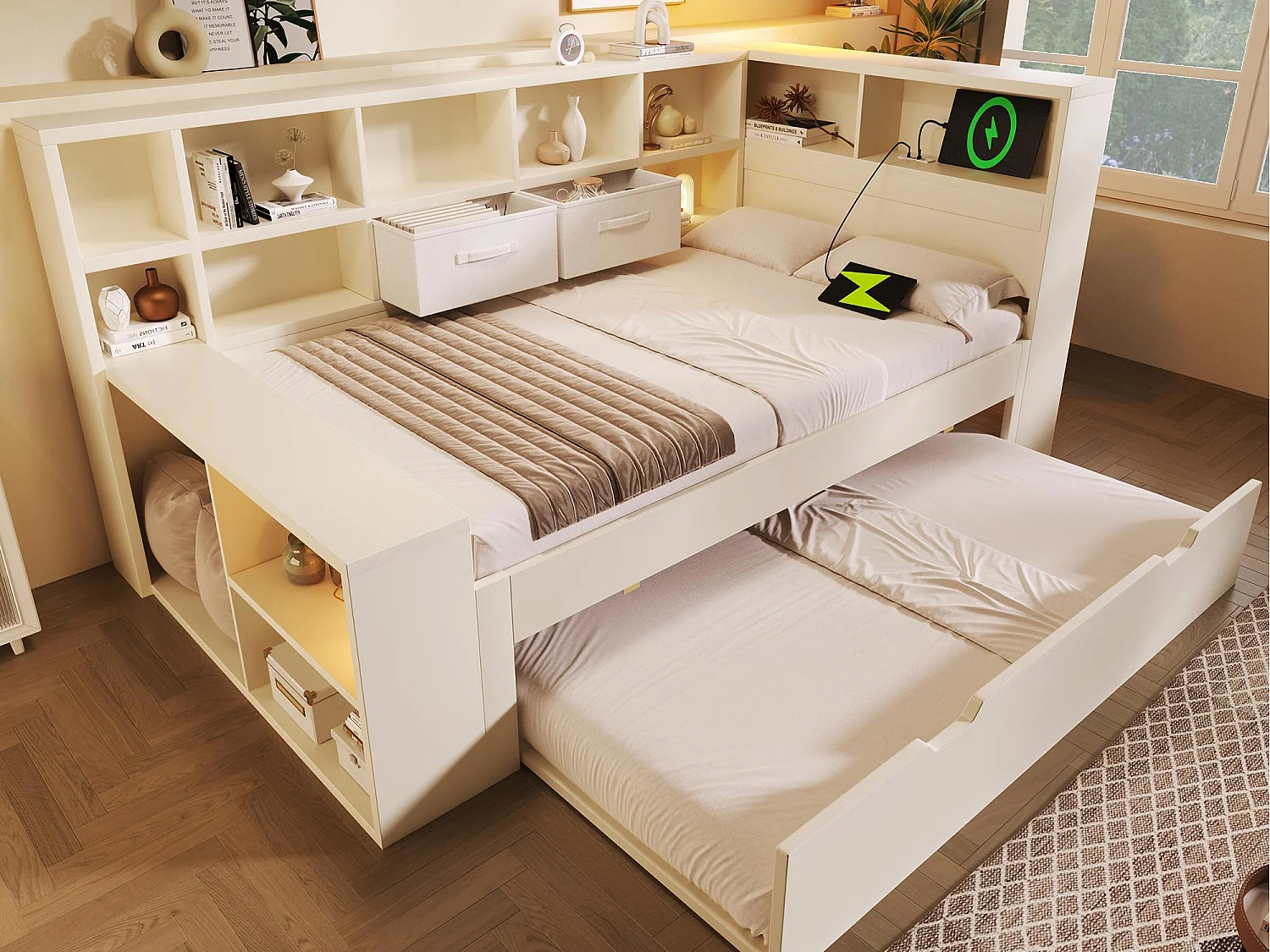 Canapé-lit 90x190cm - avec lit gigogne - avec USB/Type-C - avec espace de rangement - bois massif + panneaux de particules - blanc