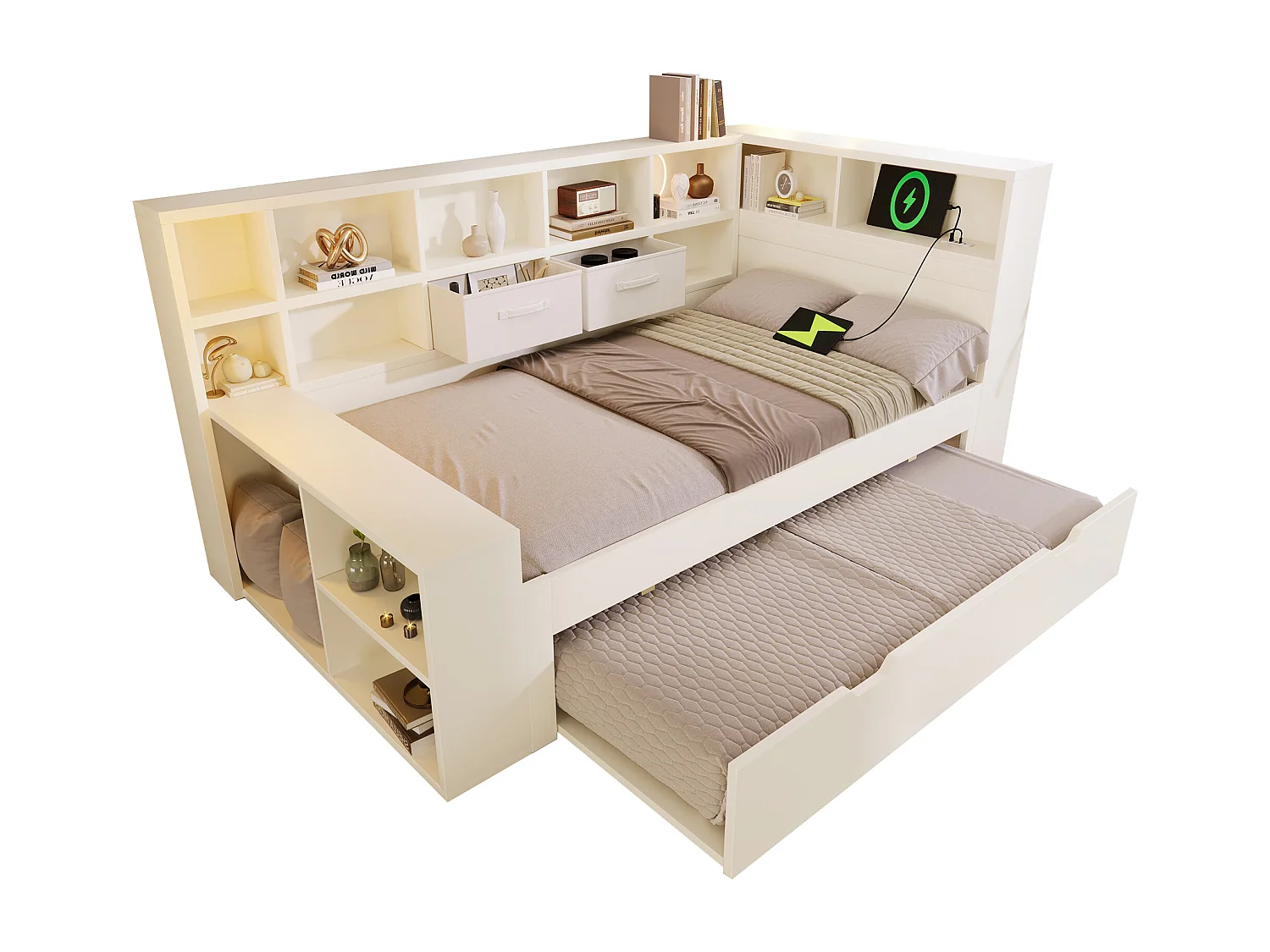 Canapé-lit 90x190cm - avec lit gigogne - avec USB/Type-C - avec espace de rangement - bois massif + panneaux de particules - blanc