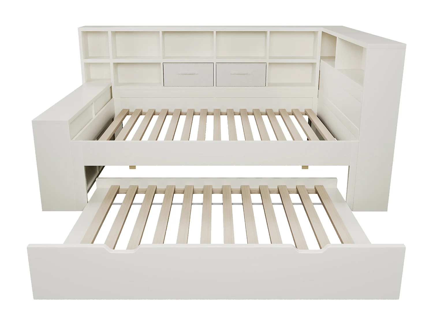 Canapé-lit 90x190cm - avec lit gigogne - avec USB/Type-C - avec espace de rangement - bois massif + panneaux de particules - blanc