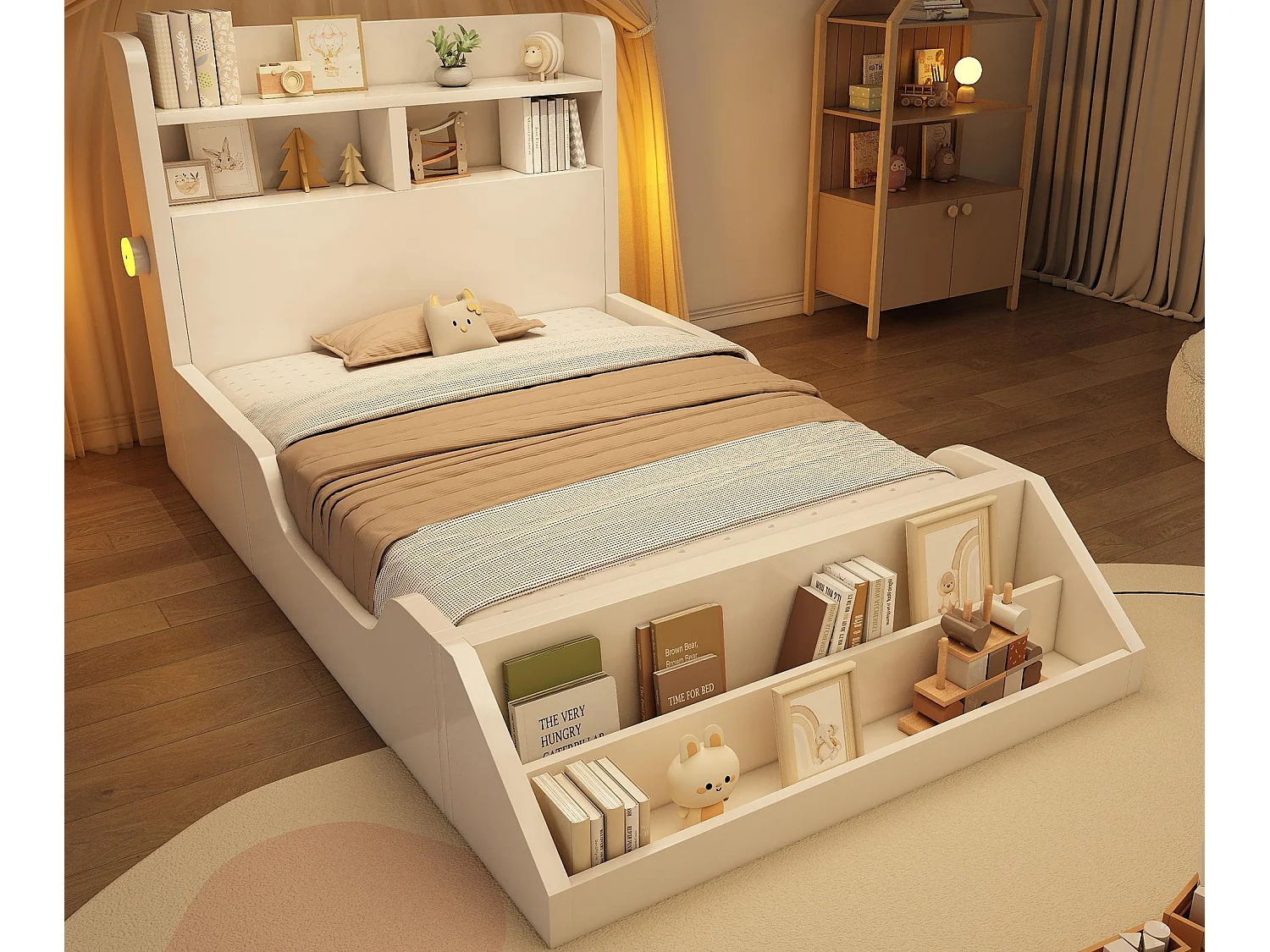 Lit enfant 90x200cm - avec bibliothèque amovible - tête de lit avec étagère - avec veilleuse - Blanc (matelas non inclus)