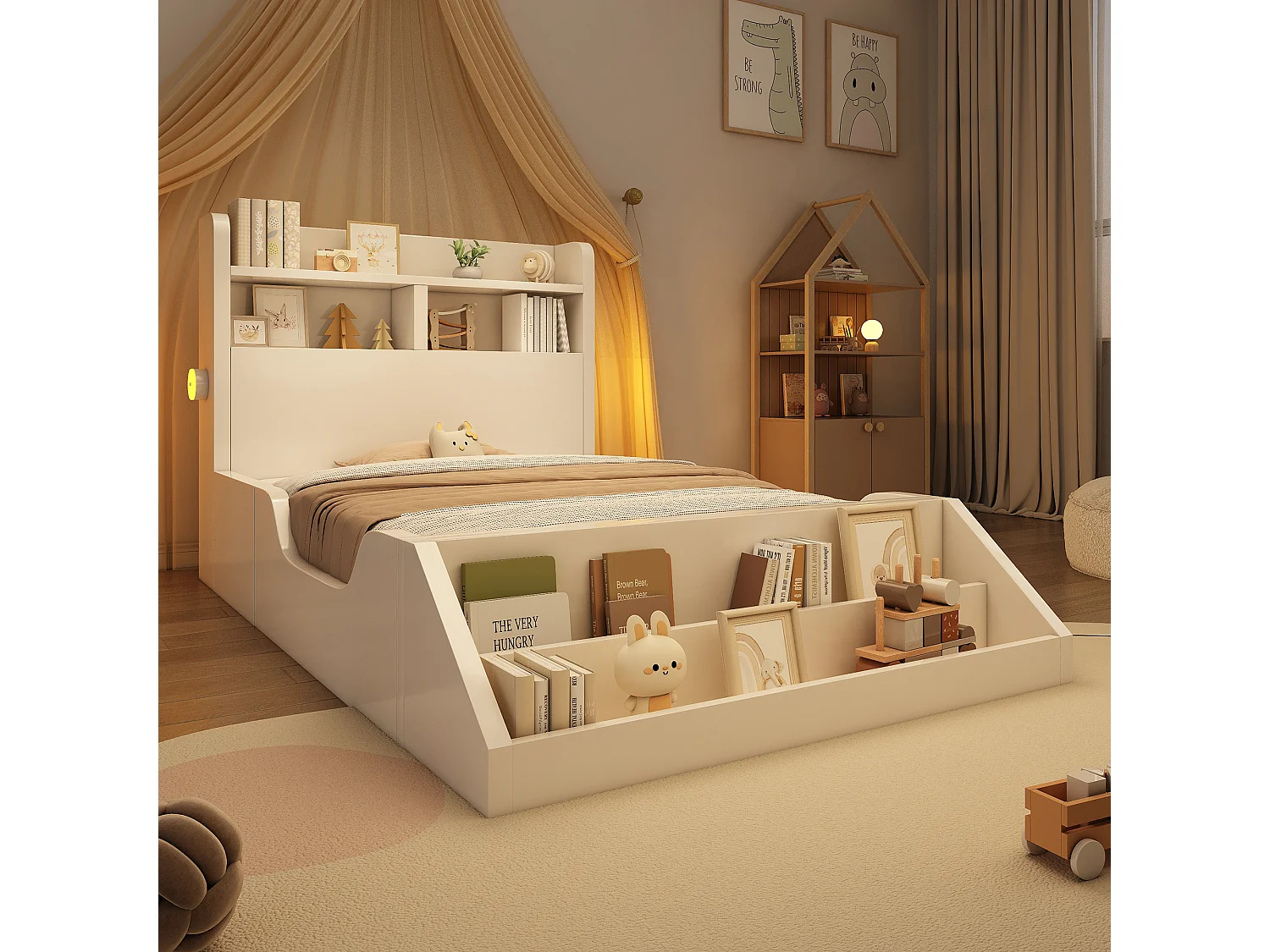 Lit enfant 90x200cm - avec bibliothèque amovible - tête de lit avec étagère - avec veilleuse - Blanc (matelas non inclus)