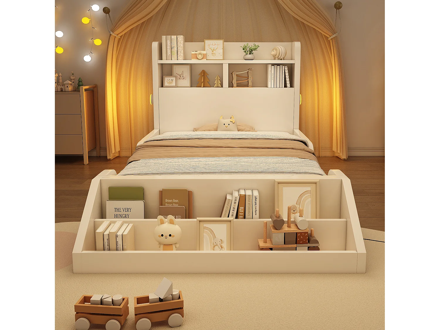 Lit enfant 90x200cm - avec bibliothèque amovible - tête de lit avec étagère - avec veilleuse - Blanc (matelas non inclus)