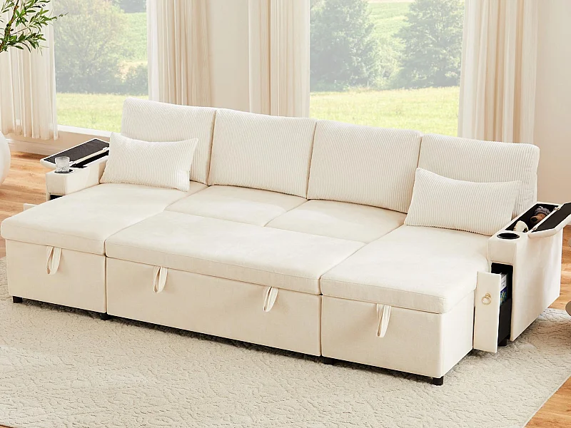 Canapé 4 places - avec porte-gobelets - avec coussins - Chenille et velours côtelé - beige