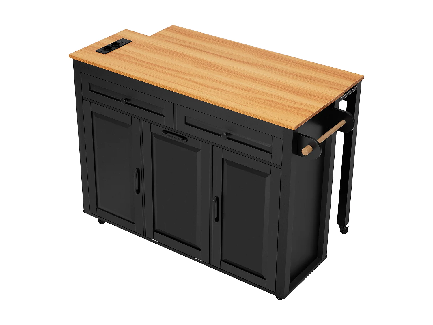Ilot central de cuisine mobile 120x40x92cm - plateau extensible - avec prise de courant - espace de rangement multifonctionnel - noir