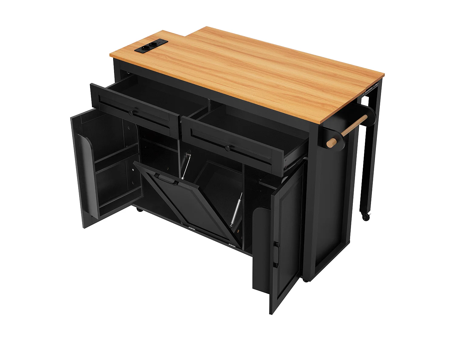 Ilot central de cuisine mobile 120x40x92cm - plateau extensible - avec prise de courant - espace de rangement multifonctionnel - noir