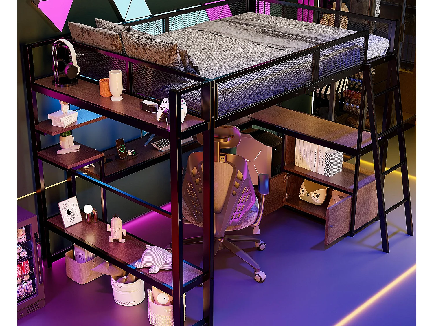 Lit mezzanine en métal 140x200 cm - avec éclairage LED - avec bureau et étagère de rangement - avec port USB - Noir (matelas non inclus)