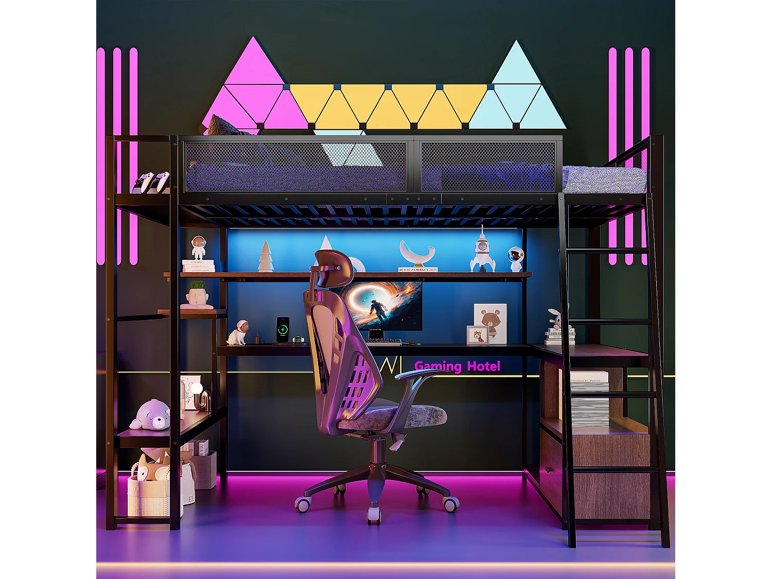 Lit mezzanine en métal 140x200 cm - avec éclairage LED - avec bureau et étagère de rangement - avec port USB - Noir (matelas non inclus)