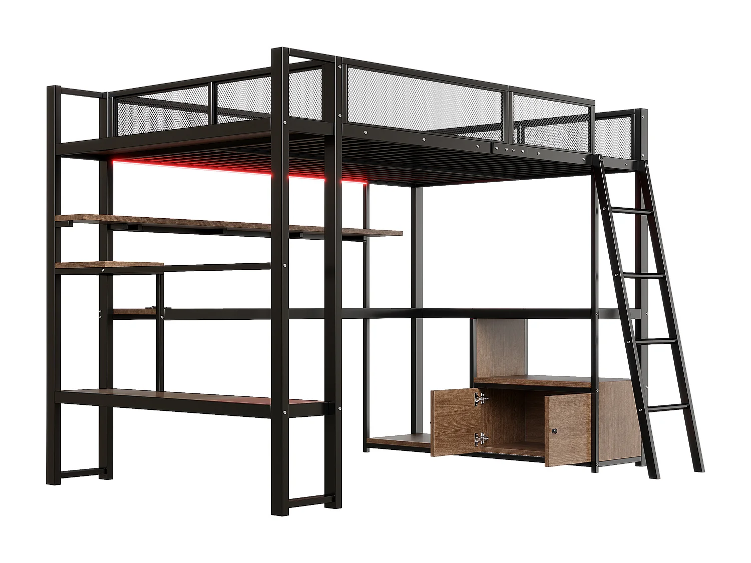 Lit mezzanine en métal 140x200 cm - avec éclairage LED - avec bureau et étagère de rangement - avec port USB - Noir (matelas non inclus)