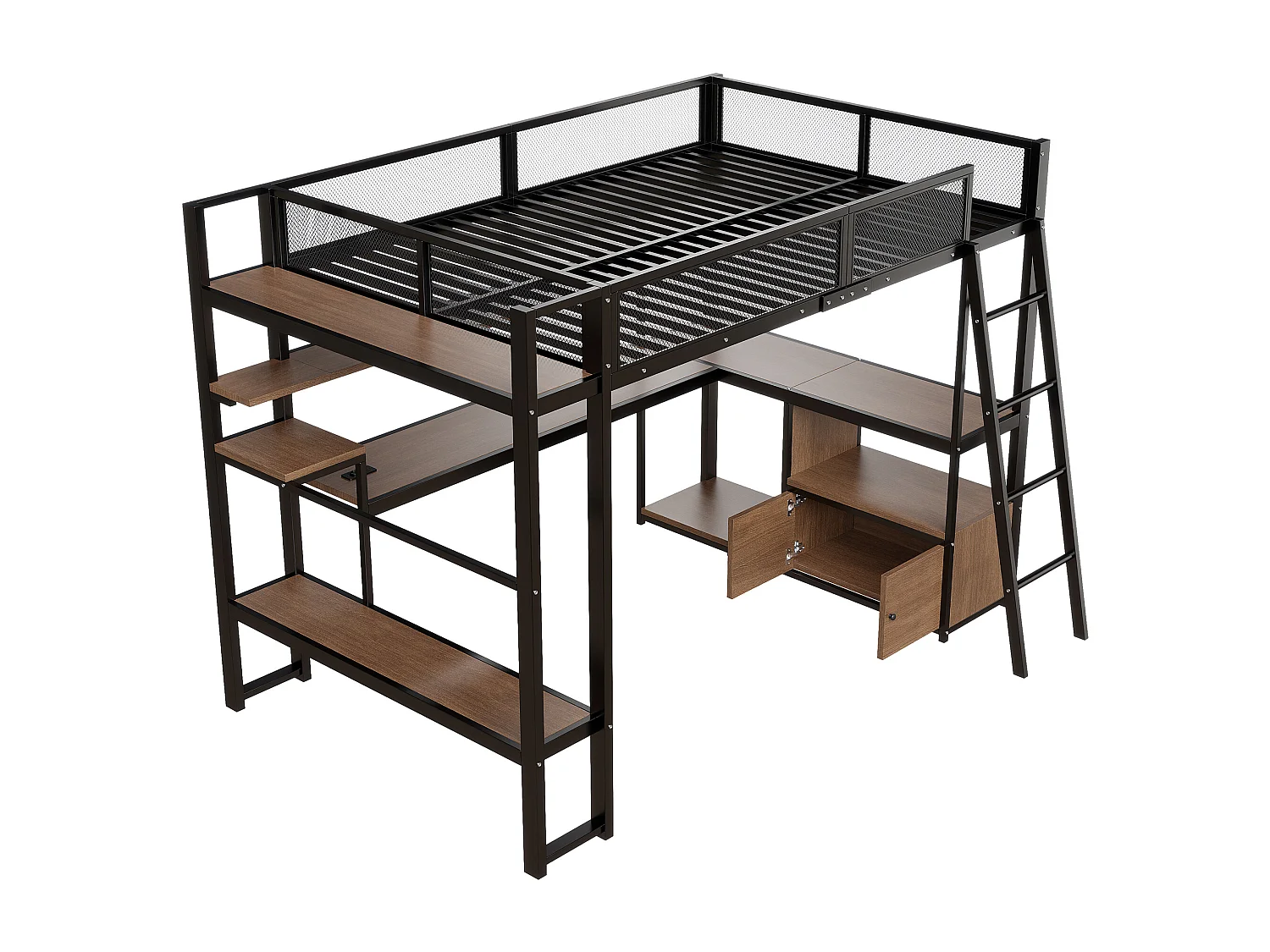 Lit mezzanine en métal 140x200 cm - avec éclairage LED - avec bureau et étagère de rangement - avec port USB - Noir (matelas non inclus)