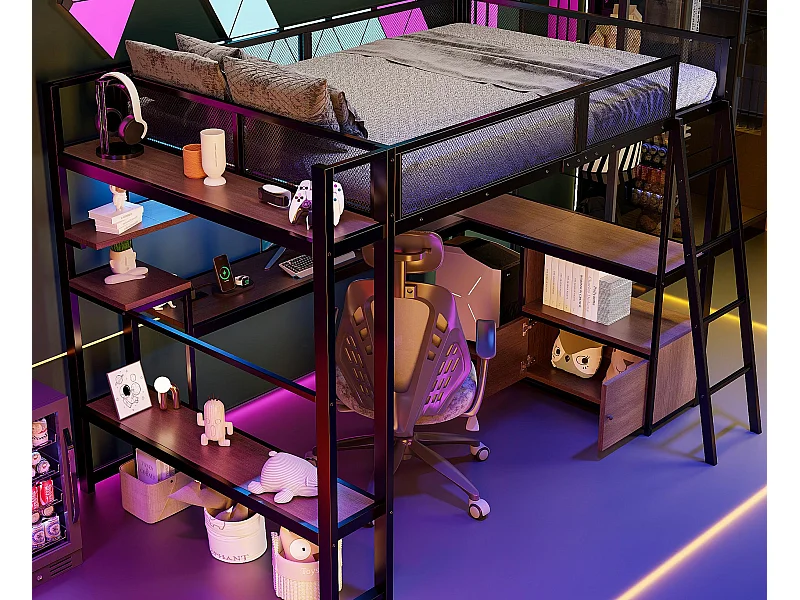 Lit mezzanine en métal 140x200 cm - avec éclairage LED - avec bureau et étagère de rangement - avec port USB - Noir (matelas non inclus)