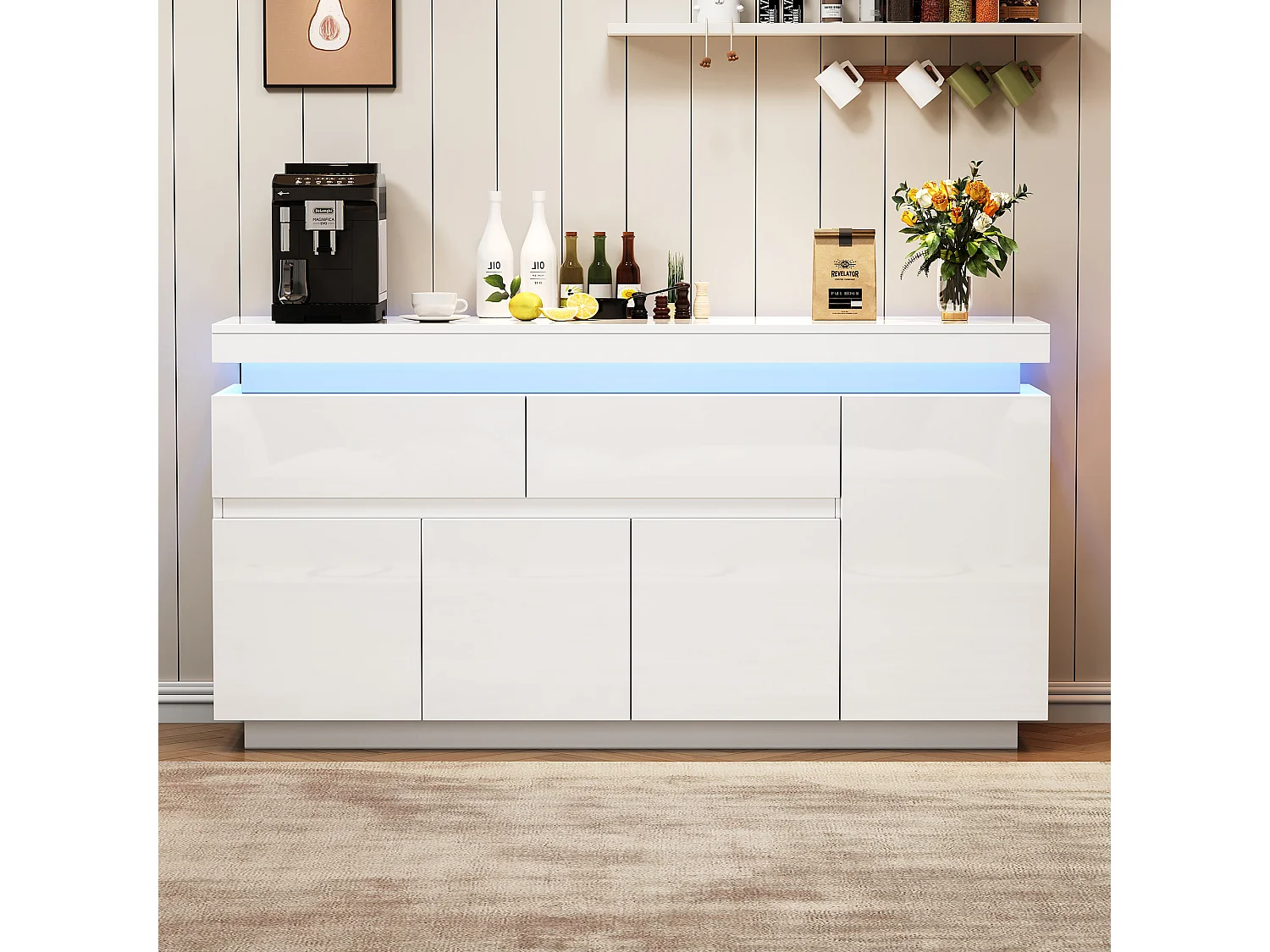 Hoogglans gelakt dressoir - 140 x 35 x 72,5 cm - met 2 lades + 4 deuren + LED-verlichting - spaanplaat - wit