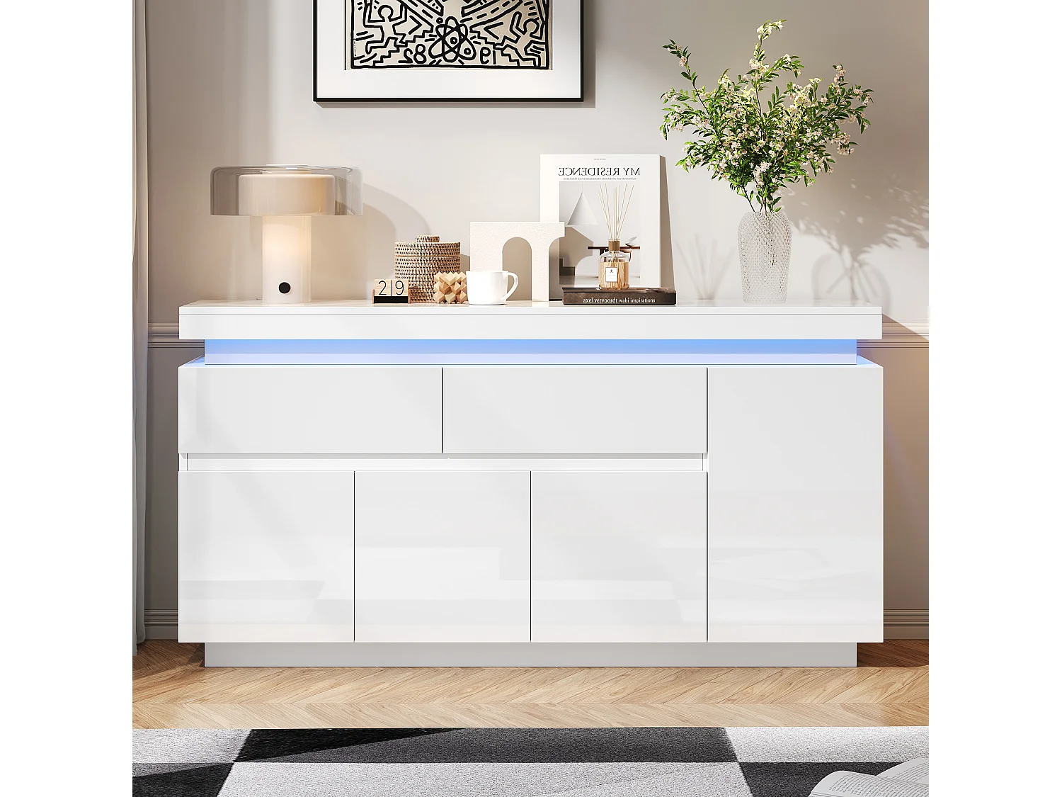 Hoogglans gelakt dressoir - 140 x 35 x 72,5 cm - met 2 lades + 4 deuren + LED-verlichting - spaanplaat - wit