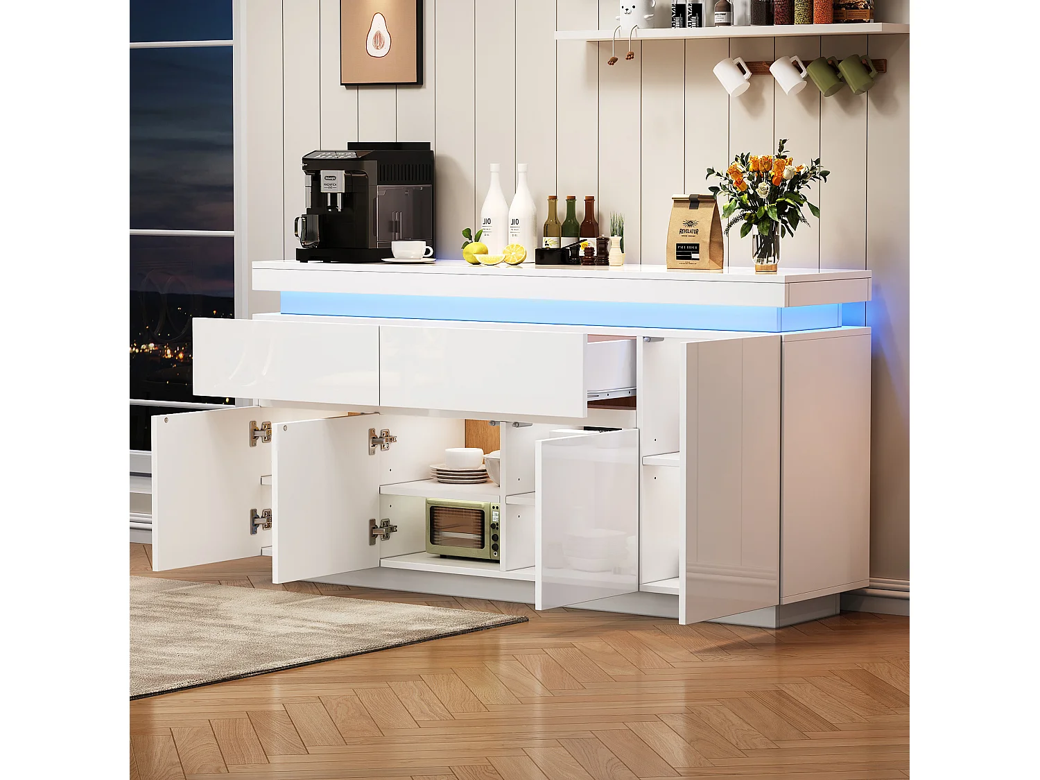 Hoogglans gelakt dressoir - 140 x 35 x 72,5 cm - met 2 lades + 4 deuren + LED-verlichting - spaanplaat - wit