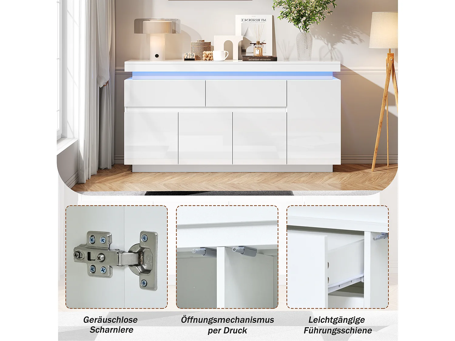 Hoogglans gelakt dressoir - 140 x 35 x 72,5 cm - met 2 lades + 4 deuren + LED-verlichting - spaanplaat - wit