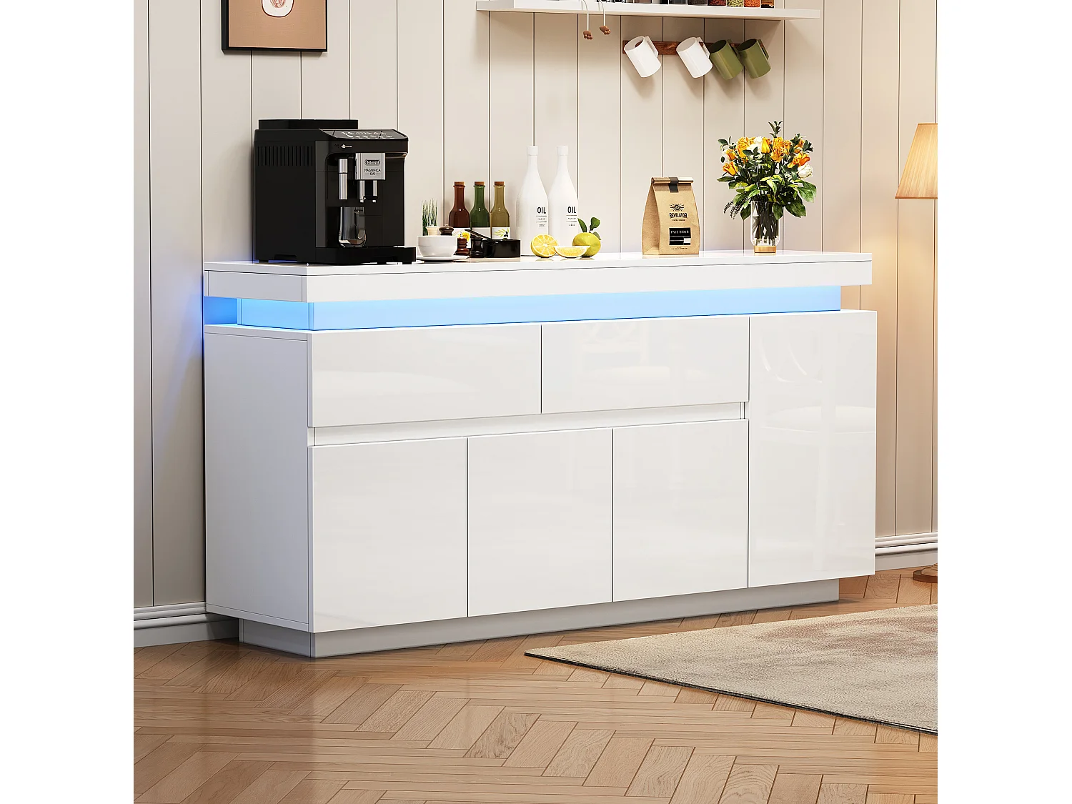 Hoogglans gelakt dressoir - 140 x 35 x 72,5 cm - met 2 lades + 4 deuren + LED-verlichting - spaanplaat - wit