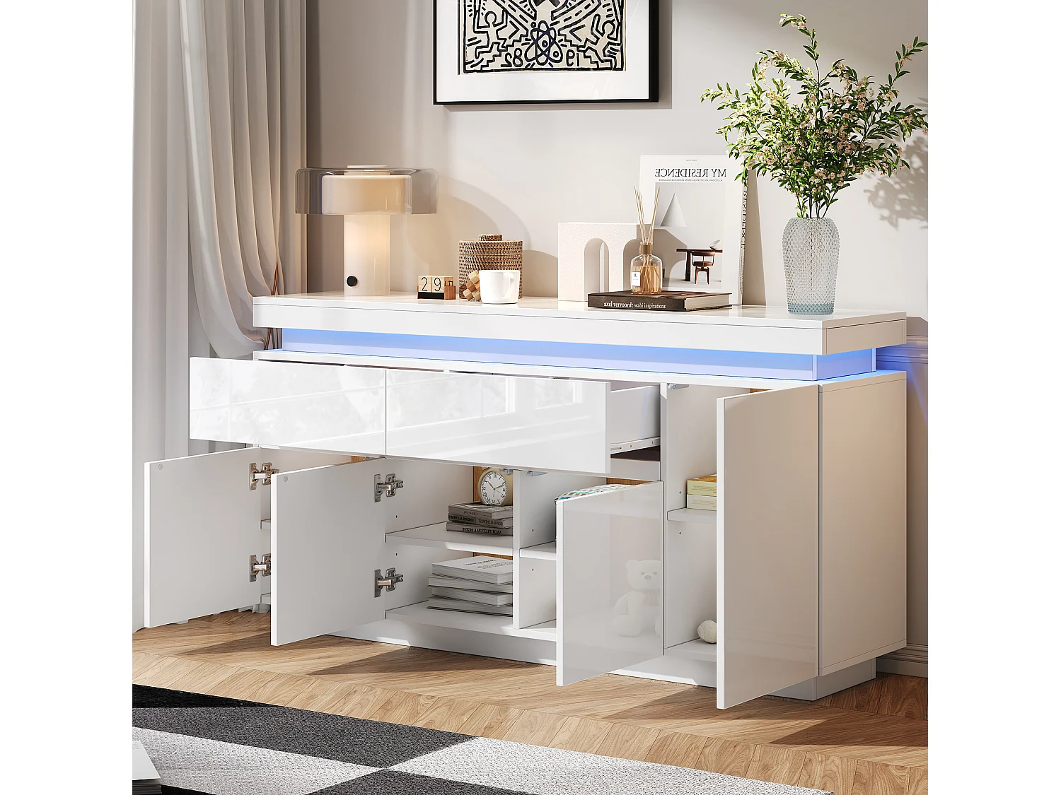 Hoogglans gelakt dressoir - 140 x 35 x 72,5 cm - met 2 lades + 4 deuren + LED-verlichting - spaanplaat - wit