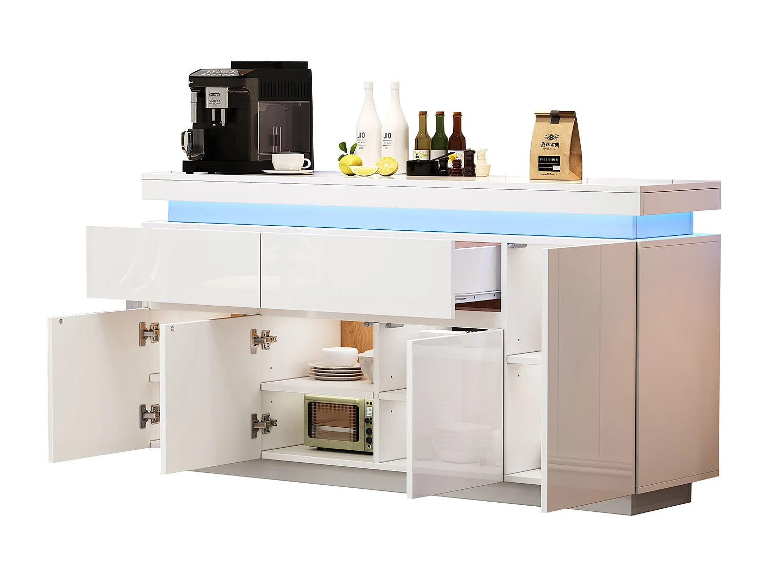 Hoogglans gelakt dressoir - 140 x 35 x 72,5 cm - met 2 lades + 4 deuren + LED-verlichting - spaanplaat - wit