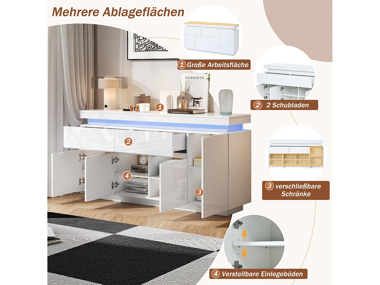 Hoogglans gelakt dressoir - 140 x 35 x 72,5 cm - met 2 lades + 4 deuren + LED-verlichting - spaanplaat - wit