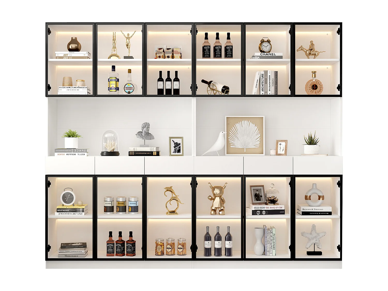 Vitrine 240x36x200 cm avec LED - 12 portes vitrées et 6 tiroirs - Blanc