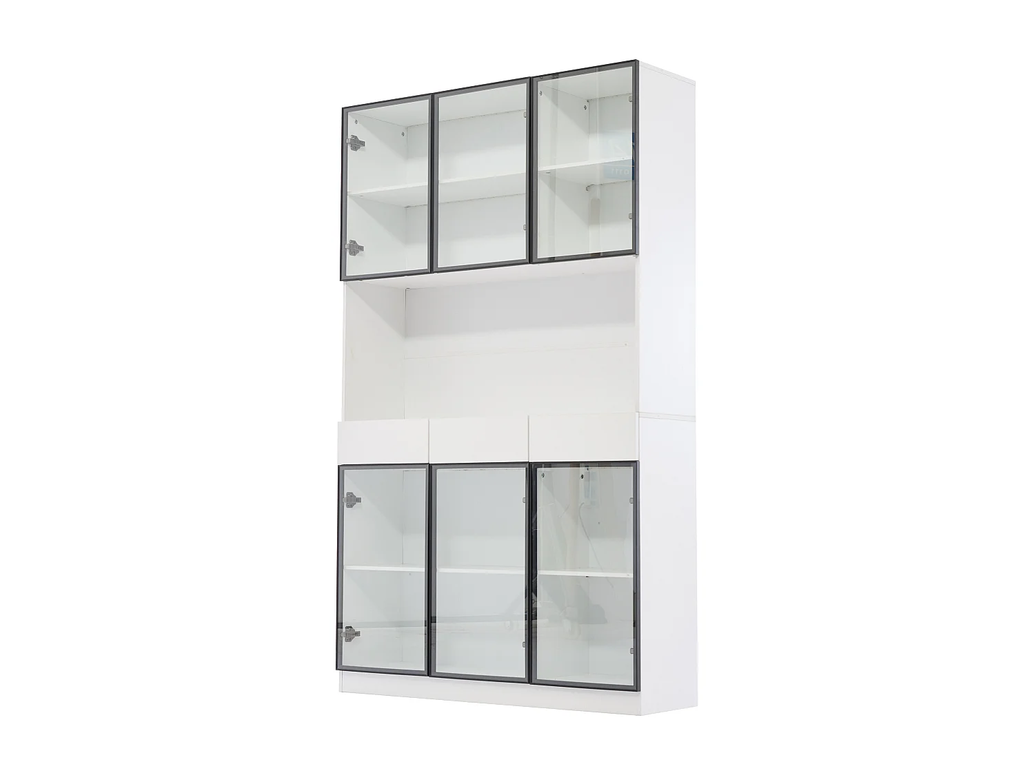 Vitrine 240x36x200 cm avec LED - 12 portes vitrées et 6 tiroirs - Blanc