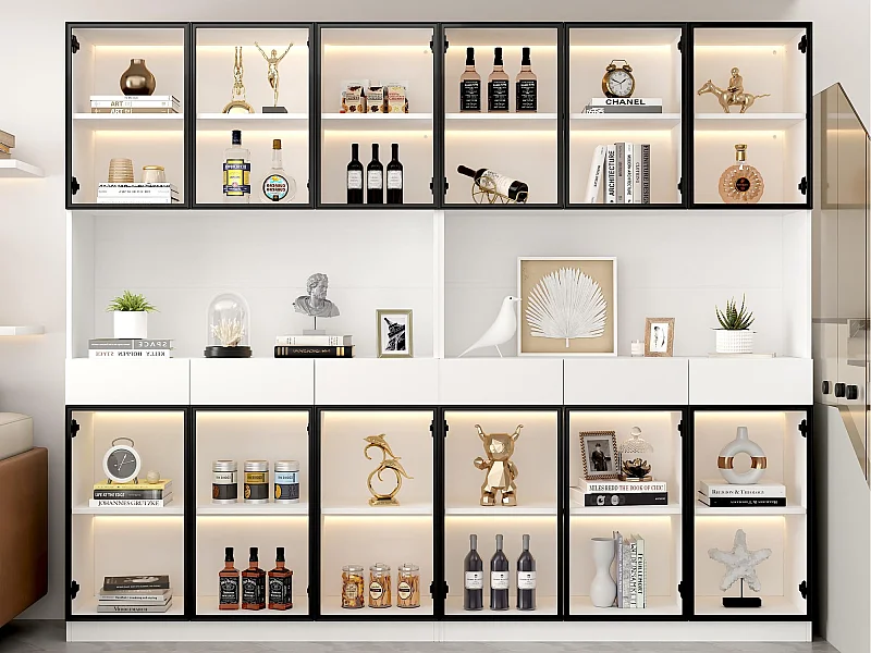 Vitrine 240x36x200 cm avec LED - 12 portes vitrées et 6 tiroirs - Blanc