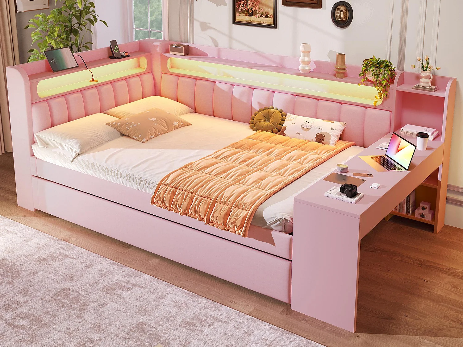 Canapé-lit rembourré 140x200 cm - avec ports USB et LED - avec lit gigogne et bureau - rose(sans matelas)