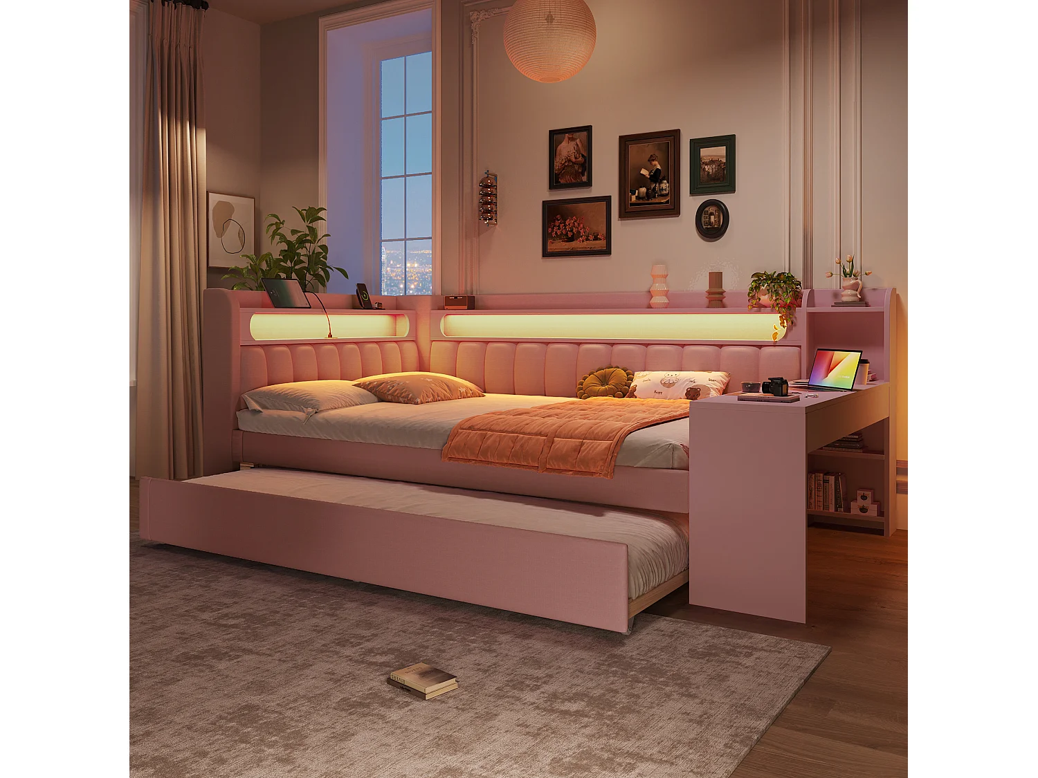 Canapé-lit rembourré 140x200 cm - avec ports USB et LED - avec lit gigogne et bureau - rose(sans matelas)