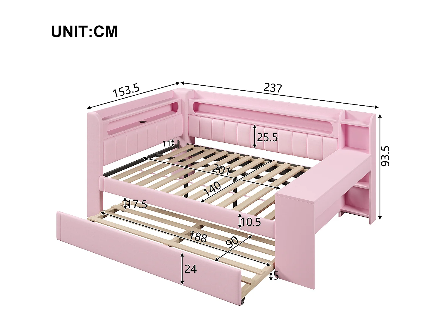 Canapé-lit rembourré 140x200 cm - avec ports USB et LED - avec lit gigogne et bureau - rose(sans matelas)