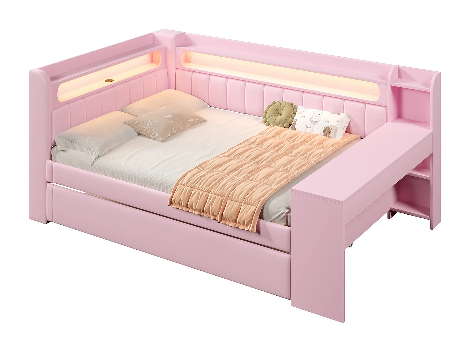 Canapé-lit rembourré 140x200 cm - avec ports USB et LED - avec lit gigogne et bureau - rose(sans matelas)