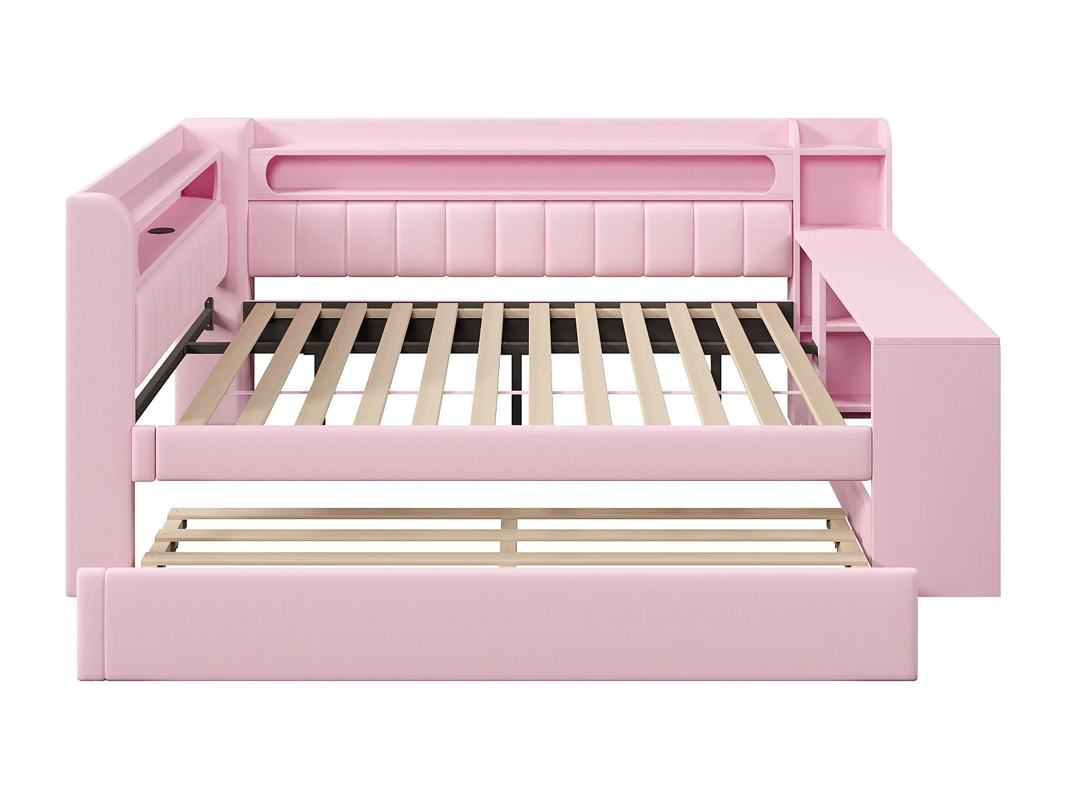 Canapé-lit rembourré 140x200 cm - avec ports USB et LED - avec lit gigogne et bureau - rose(sans matelas)