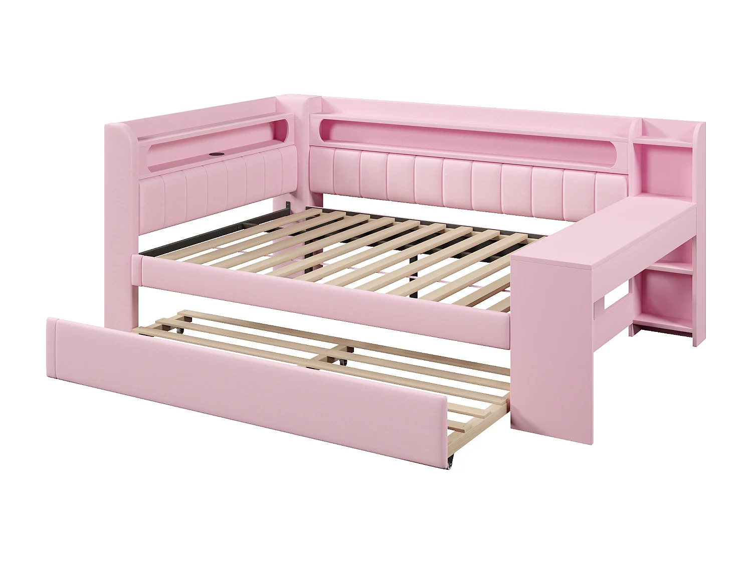 Canapé-lit rembourré 140x200 cm - avec ports USB et LED - avec lit gigogne et bureau - rose(sans matelas)