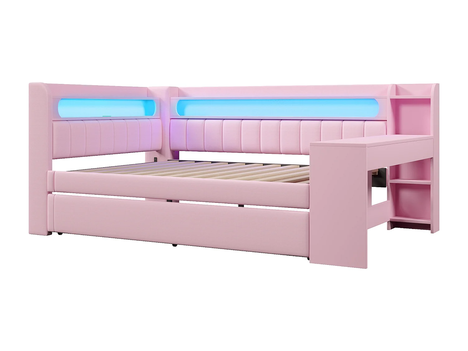 Canapé-lit rembourré 140x200 cm - avec ports USB et LED - avec lit gigogne et bureau - rose(sans matelas)