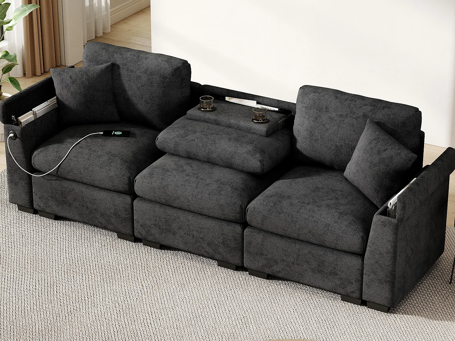 Moderne 3-zitsbank - met kussens en opklaptafeltje - inclusief USB-poorten en een drankhouder - chenille stof - grijs