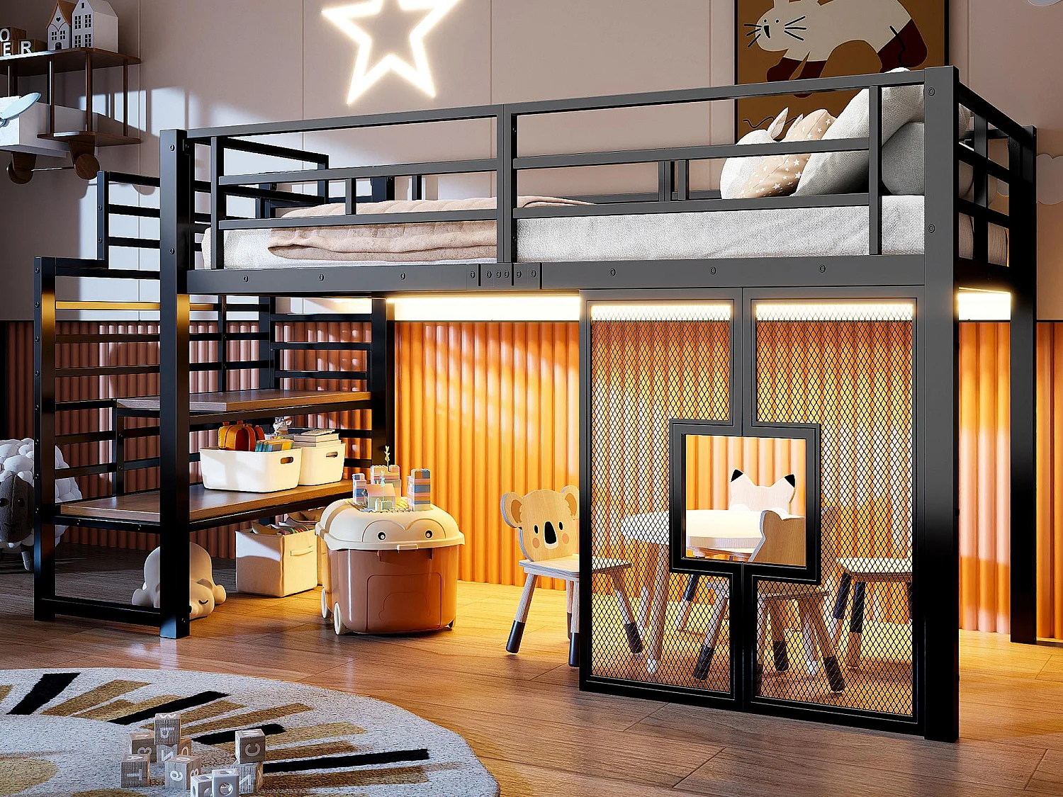 Lit mezzanine en métal 90x200cm - avec éclairage LED - Design fenêtre - Noir ( sans matelas )