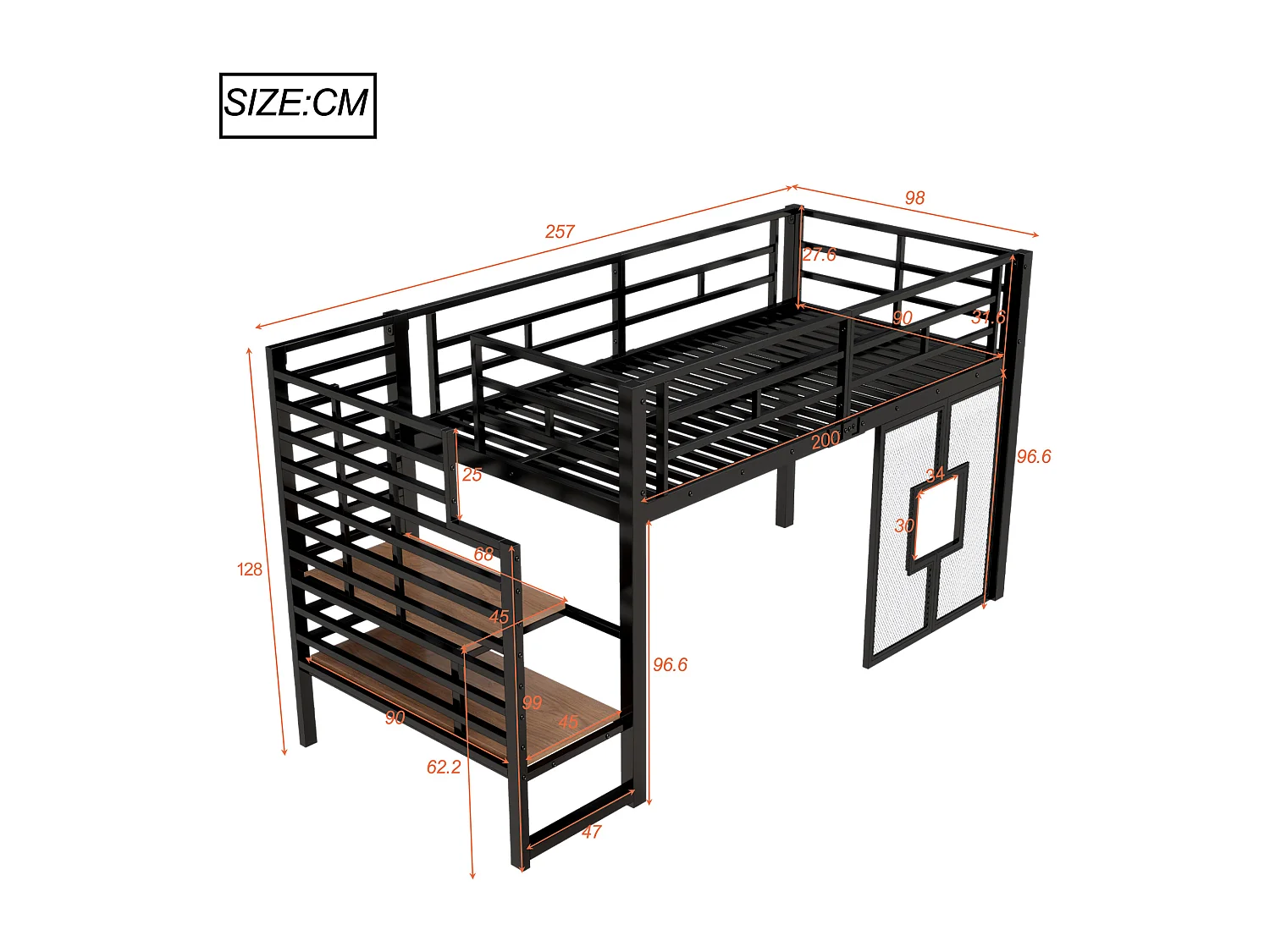Lit mezzanine en métal 90x200cm - avec éclairage LED - Design fenêtre - Noir ( sans matelas )