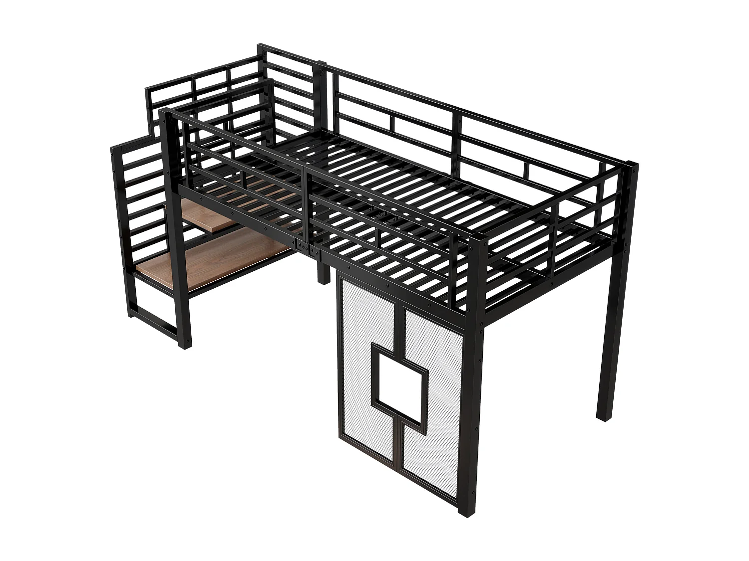 Lit mezzanine en métal 90x200cm - avec éclairage LED - Design fenêtre - Noir ( sans matelas )