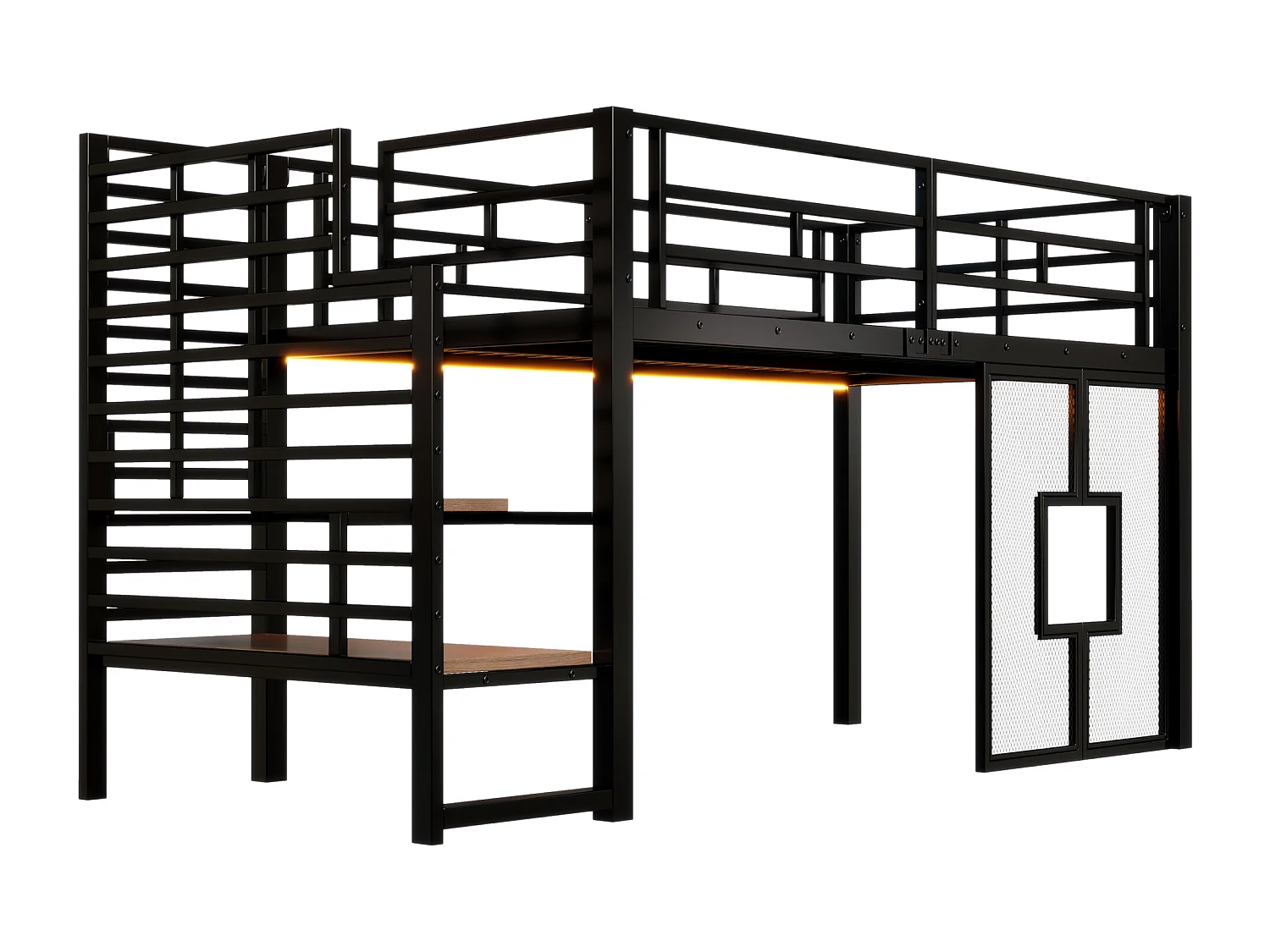 Lit mezzanine en métal 90x200cm - avec éclairage LED - Design fenêtre - Noir ( sans matelas )