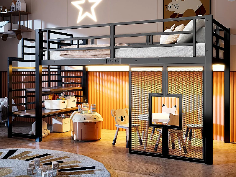 Lit mezzanine en métal 90x200cm - avec éclairage LED - Design fenêtre - Noir ( sans matelas )