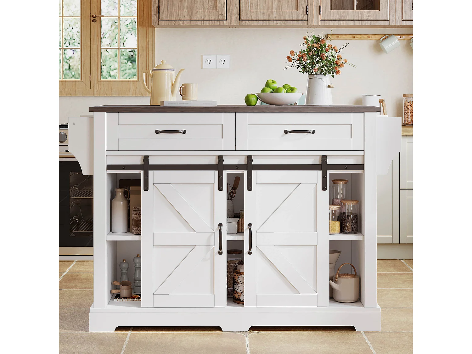 Ilot central de cuisine - plateau extensible - avec porte-serviettes - avec 2 tiroirs et 2 portes - avec roulettes - MDF - Blanc