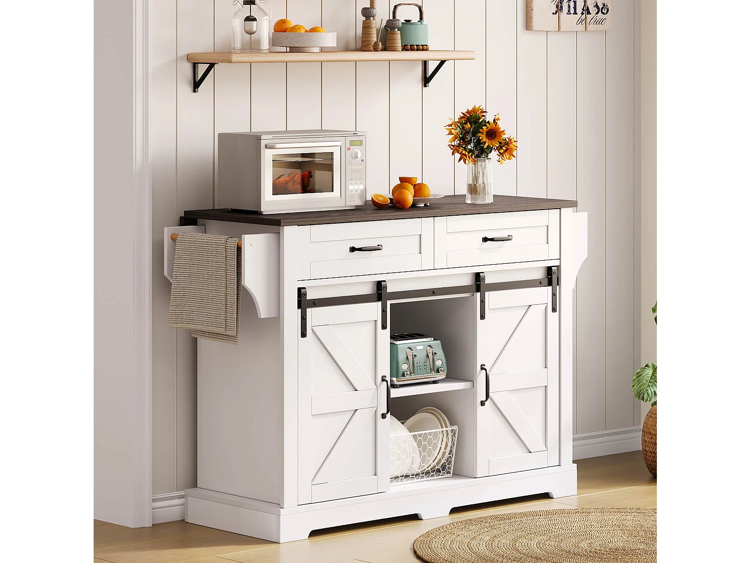 Ilot central de cuisine - plateau extensible - avec porte-serviettes - avec 2 tiroirs et 2 portes - avec roulettes - MDF - Blanc