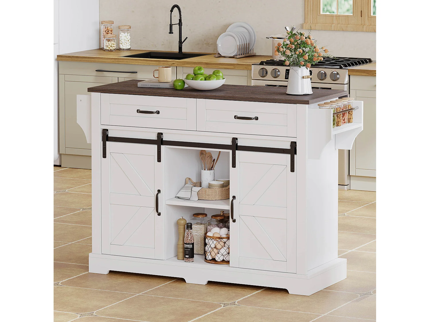 Ilot central de cuisine - plateau extensible - avec porte-serviettes - avec 2 tiroirs et 2 portes - avec roulettes - MDF - Blanc