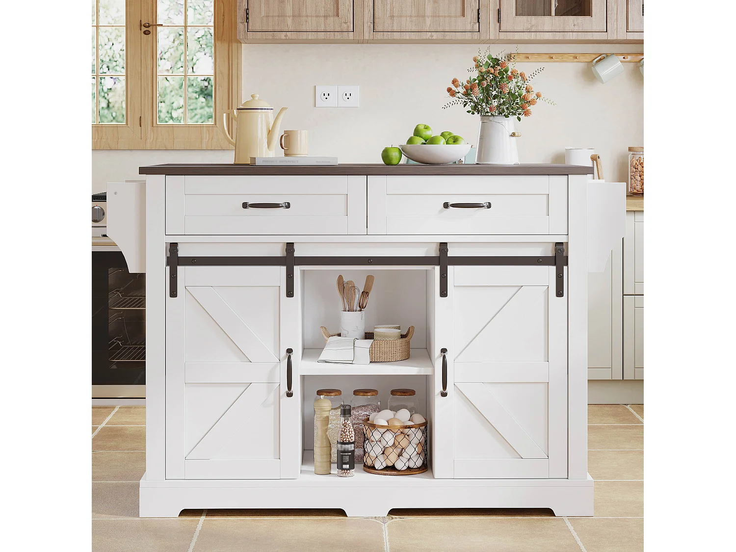 Ilot central de cuisine - plateau extensible - avec porte-serviettes - avec 2 tiroirs et 2 portes - avec roulettes - MDF - Blanc