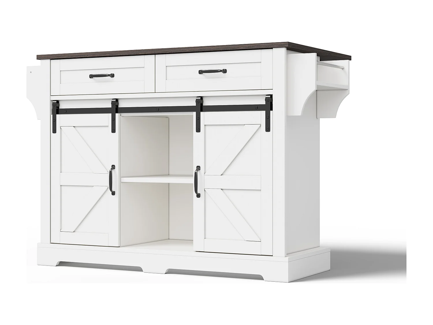 Ilot central de cuisine - plateau extensible - avec porte-serviettes - avec 2 tiroirs et 2 portes - avec roulettes - MDF - Blanc