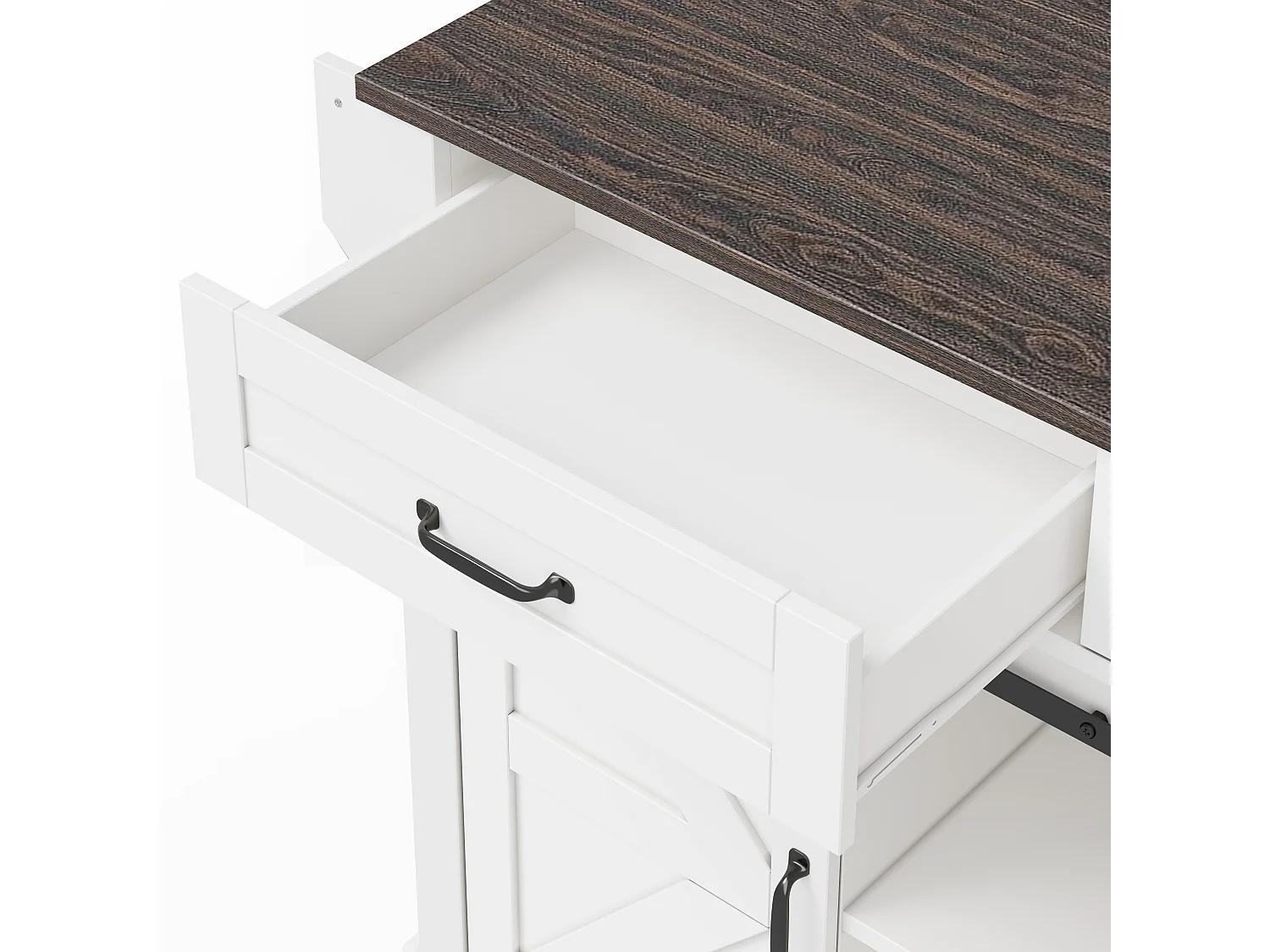 Ilot central de cuisine - plateau extensible - avec porte-serviettes - avec 2 tiroirs et 2 portes - avec roulettes - MDF - Blanc