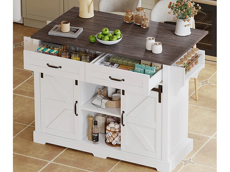 Ilot central de cuisine - plateau extensible - avec porte-serviettes - avec 2 tiroirs et 2 portes - avec roulettes - MDF - Blanc