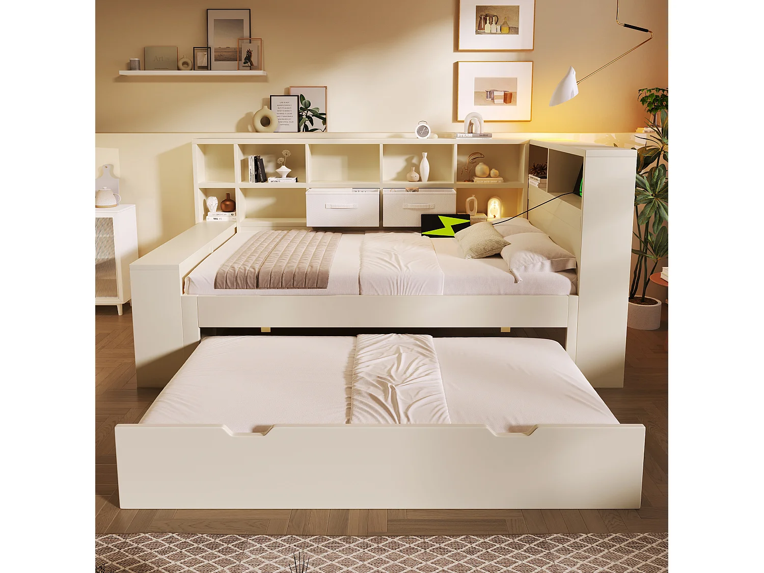 Canapé-lit 90x200cm - avec lit gigogne - avec USB/Type-C - avec espace de rangement - bois massif + panneaux de particules - blanc