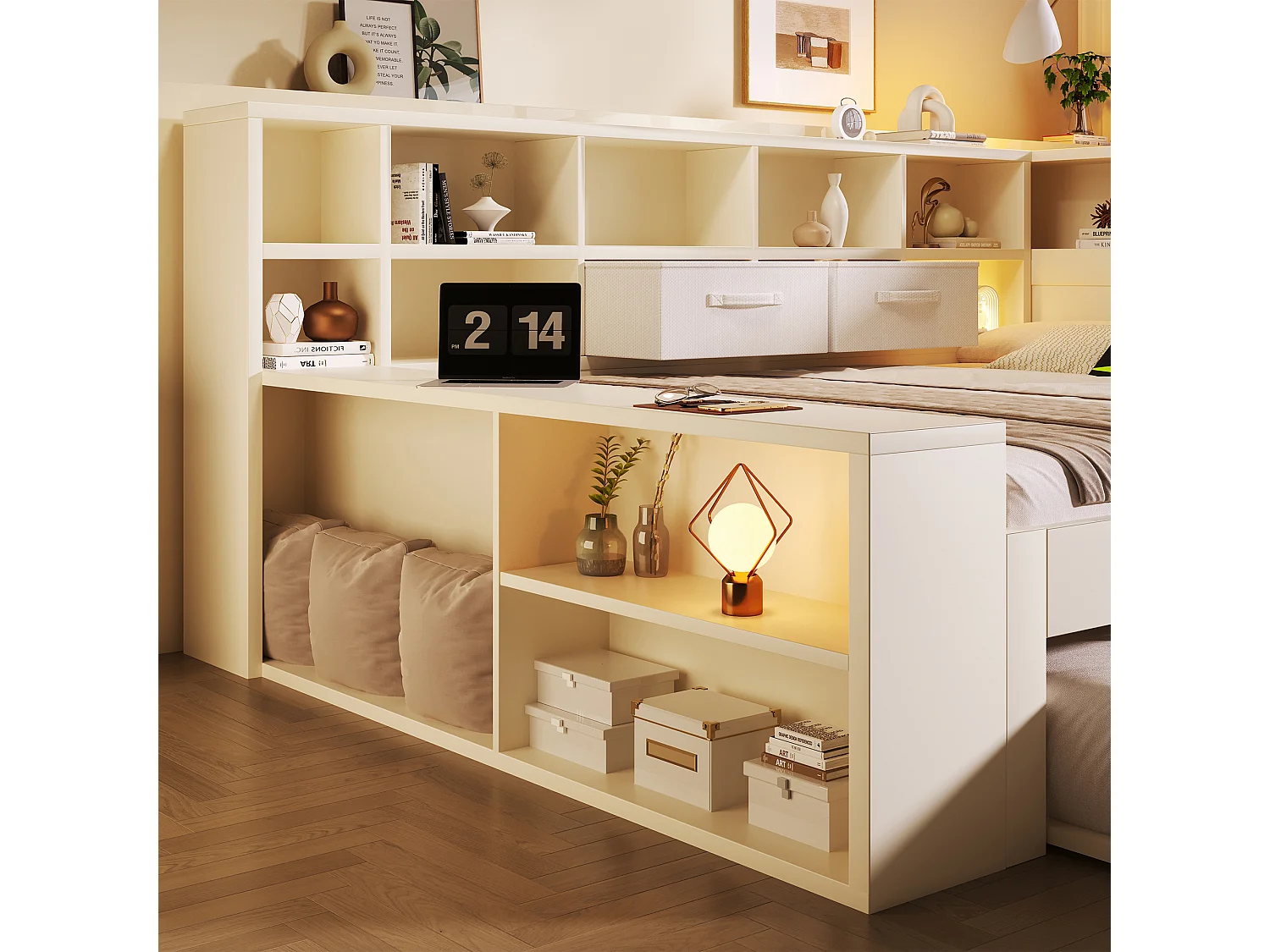 Canapé-lit 90x200cm - avec lit gigogne - avec USB/Type-C - avec espace de rangement - bois massif + panneaux de particules - blanc