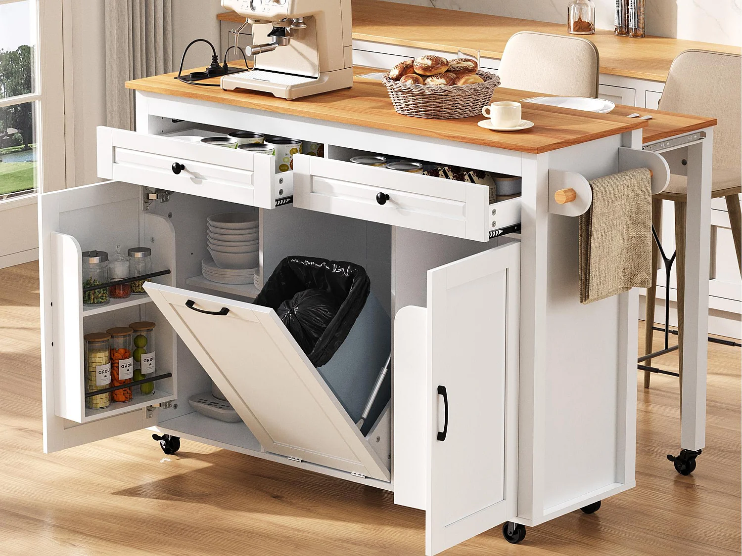 Ilot central de cuisine mobile 120x40x92cm - plateau extensible - avec prise de courant - espace de rangement multifonctionnel - blanc