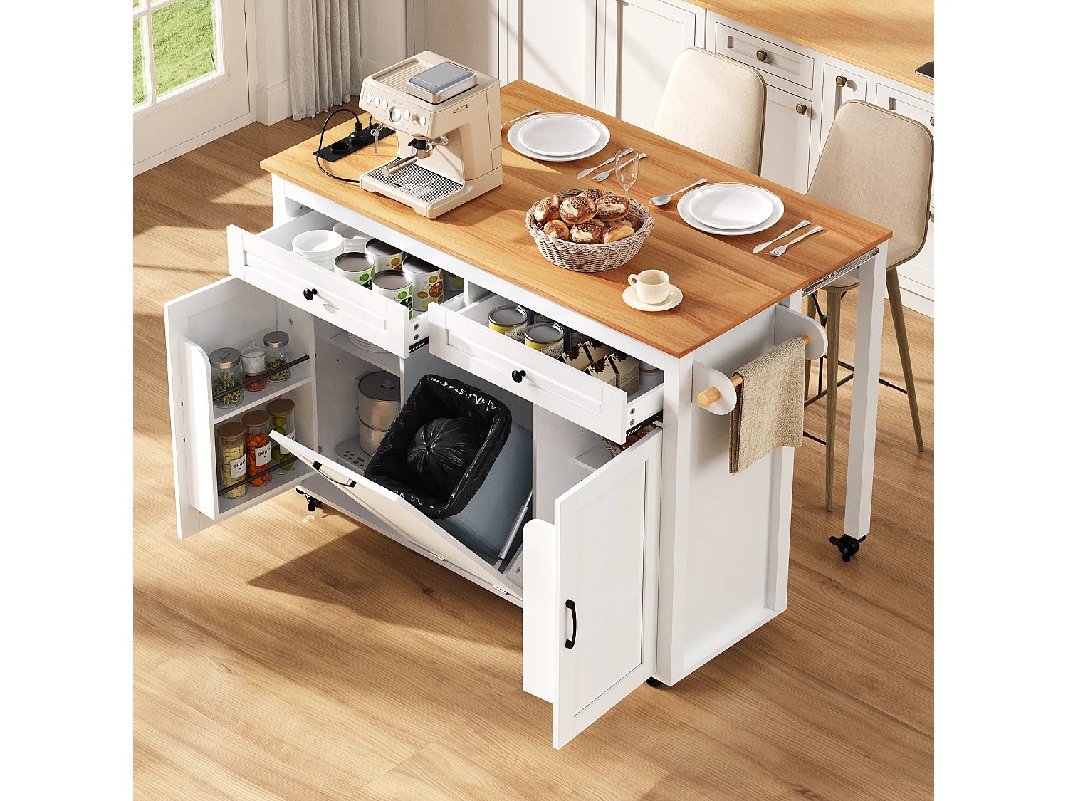 Ilot central de cuisine mobile 120x40x92cm - plateau extensible - avec prise de courant - espace de rangement multifonctionnel - blanc