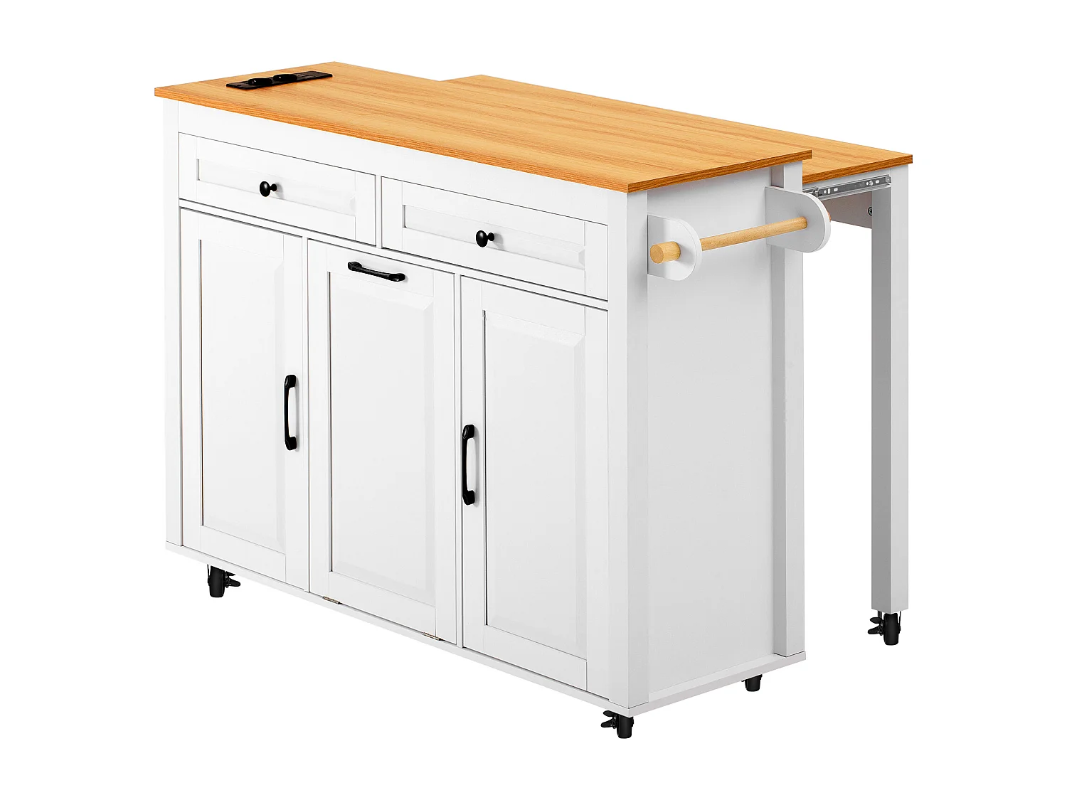 Ilot central de cuisine mobile 120x40x92cm - plateau extensible - avec prise de courant - espace de rangement multifonctionnel - blanc